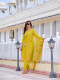 Mirror Embroidered Kurta With Pant & Embroidered Organza Dupatta, Yellow - Hiral Fashion | Grocsy
