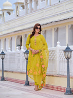 Mirror Embroidered Kurta With Pant & Embroidered Organza Dupatta, Yellow - Hiral Fashion | Grocsy