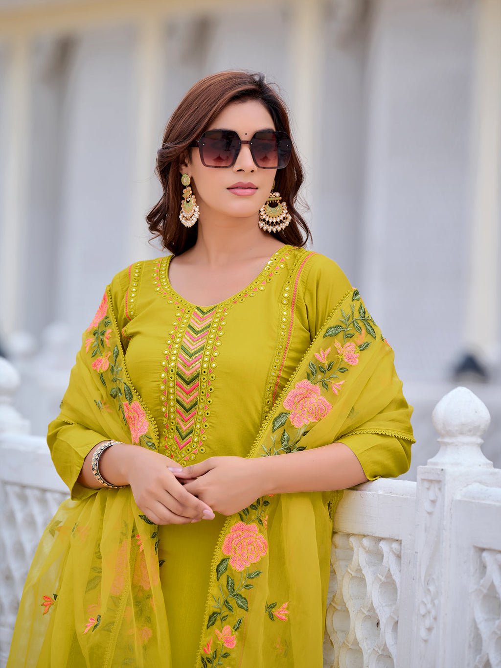 Mirror Embroidered Kurta With Pant & Embroidered Organza Dupatta, Yellow - Hiral Fashion | Grocsy