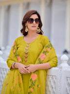 Mirror Embroidered Kurta With Pant & Embroidered Organza Dupatta, Yellow - Hiral Fashion | Grocsy