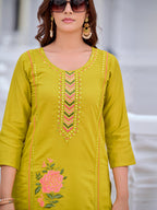 Mirror Embroidered Kurta With Pant & Embroidered Organza Dupatta, Yellow - Hiral Fashion | Grocsy