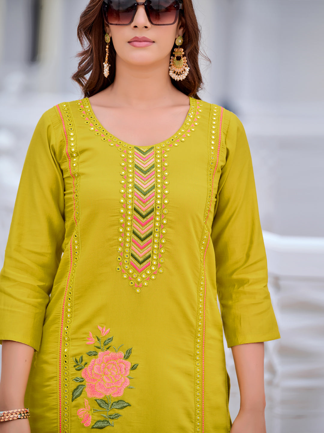 Mirror Embroidered Kurta With Pant & Embroidered Organza Dupatta, Yellow - Hiral Fashion | Grocsy