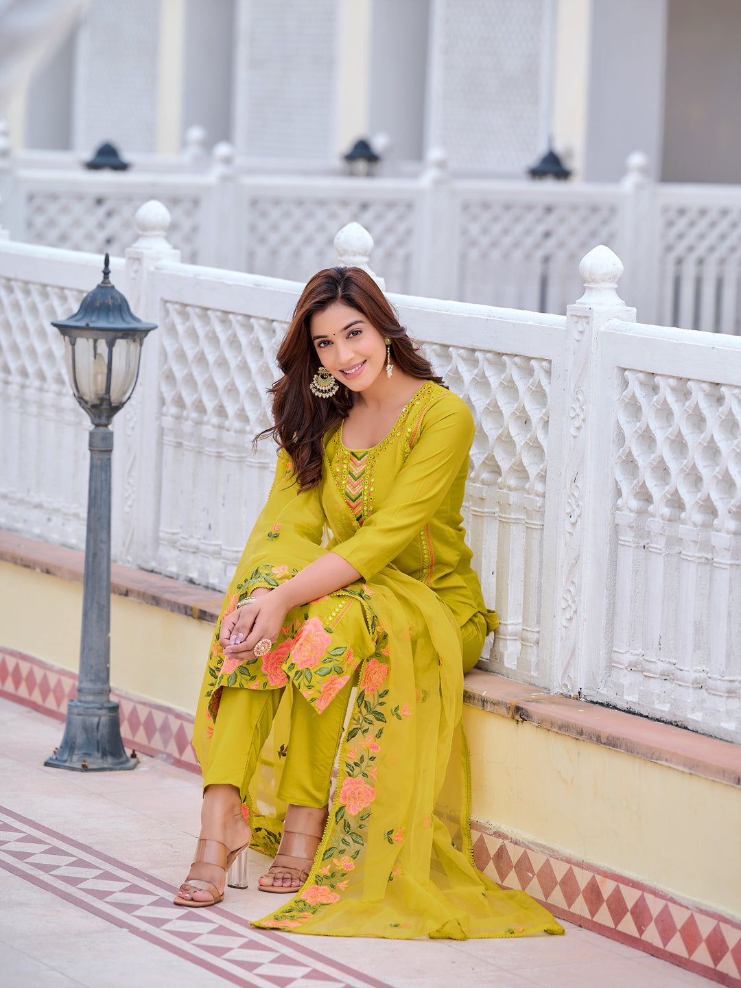 Mirror Embroidered Kurta With Pant & Embroidered Organza Dupatta, Yellow - Hiral Fashion | Grocsy