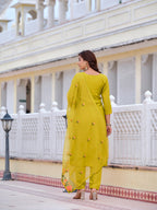 Mirror Embroidered Kurta With Pant & Embroidered Organza Dupatta, Yellow - Hiral Fashion | Grocsy