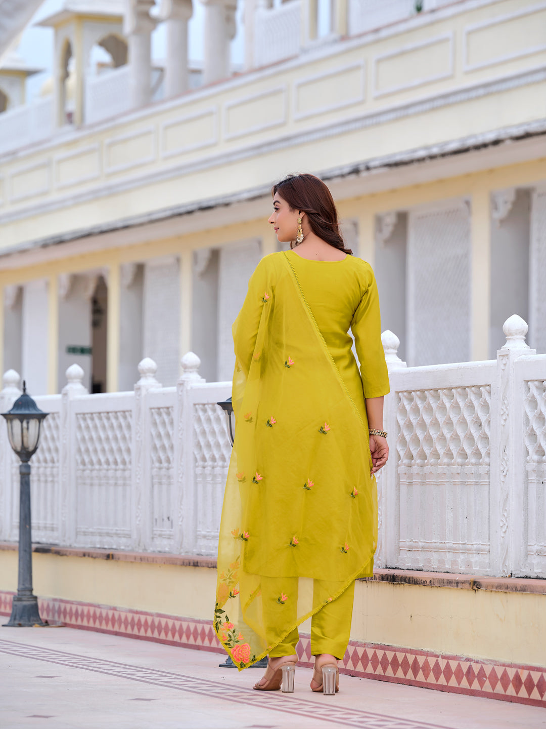 Mirror Embroidered Kurta With Pant & Embroidered Organza Dupatta, Yellow - Hiral Fashion | Grocsy