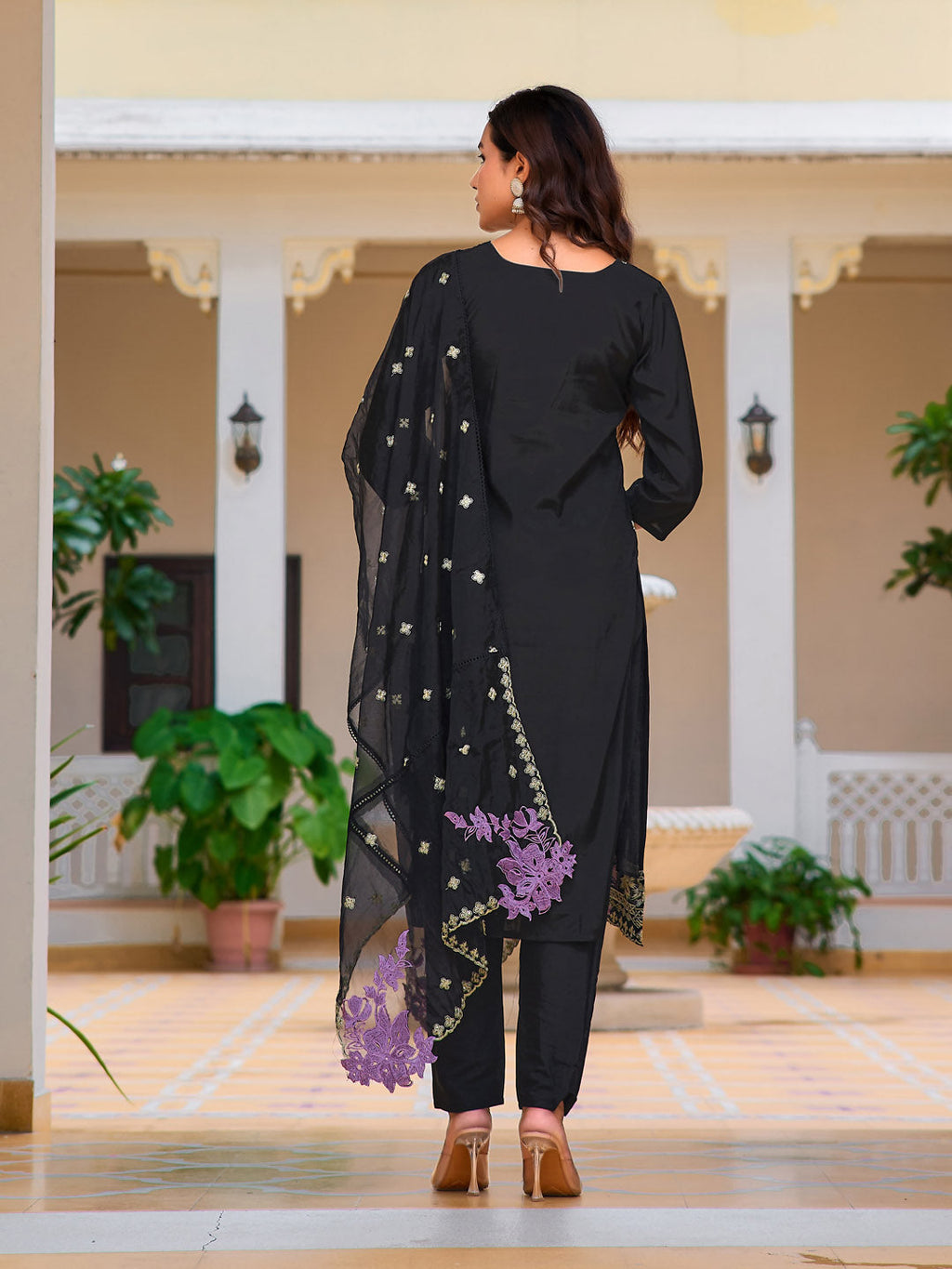 Embroidered Kurta With Pant & Embroidered Organza Dupatta, Black - Hiral Fashion | Grocsy