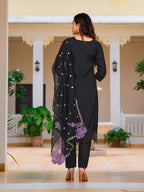 Embroidered Kurta With Pant & Embroidered Organza Dupatta, Black - Hiral Fashion | Grocsy