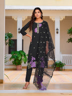 Embroidered Kurta With Pant & Embroidered Organza Dupatta, Black - Hiral Fashion | Grocsy