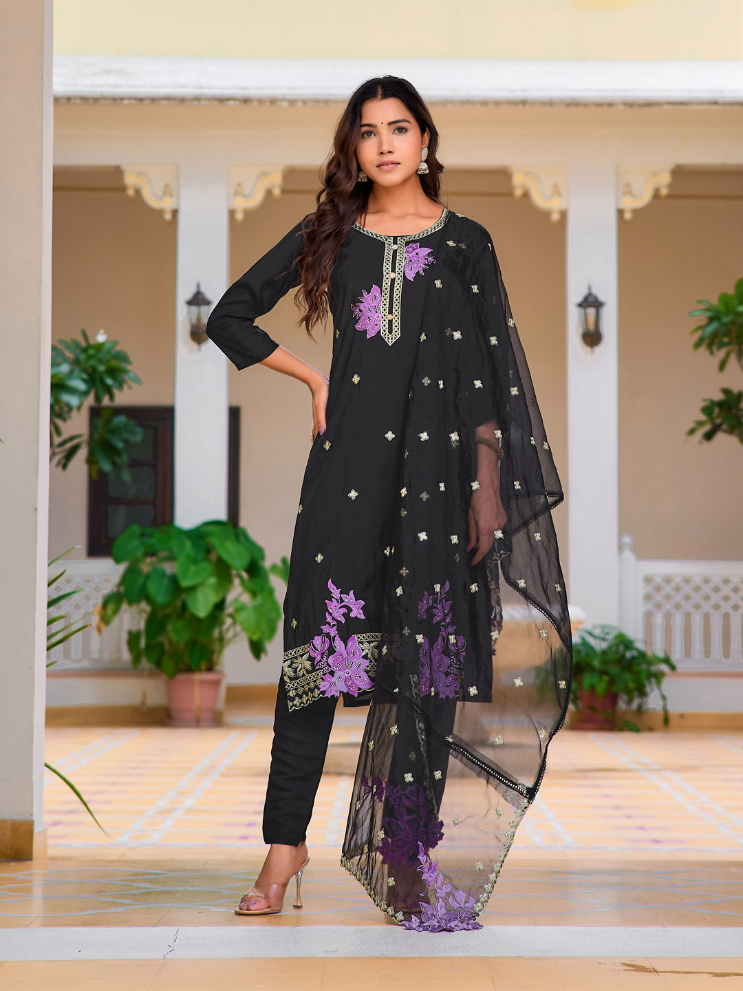 Embroidered Kurta With Pant & Embroidered Organza Dupatta, Black - Hiral Fashion | Grocsy