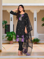 Embroidered Kurta With Pant & Embroidered Organza Dupatta, Black - Hiral Fashion | Grocsy