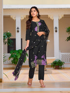 Embroidered Kurta With Pant & Embroidered Organza Dupatta, Black - Hiral Fashion | Grocsy