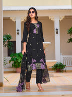 Embroidered Kurta With Pant & Embroidered Organza Dupatta, Black - Hiral Fashion | Grocsy