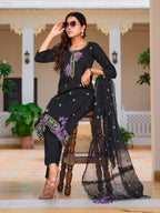 Embroidered Kurta With Pant & Embroidered Organza Dupatta, Black - Hiral Fashion | Grocsy