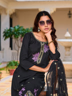 Embroidered Kurta With Pant & Embroidered Organza Dupatta, Black - Hiral Fashion | Grocsy