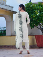 Embroidered Kurta With Pant & Embroidered Cut Work Organza Dupatta, White - Hiral Fashion | Grocsy
