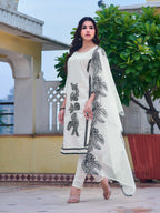 Embroidered Kurta With Pant & Embroidered Cut Work Organza Dupatta, White - Hiral Fashion | Grocsy