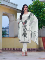 Embroidered Kurta With Pant & Embroidered Cut Work Organza Dupatta, White - Hiral Fashion | Grocsy