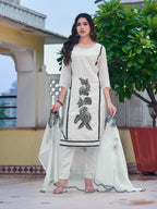 Embroidered Kurta With Pant & Embroidered Cut Work Organza Dupatta, White - Hiral Fashion | Grocsy