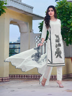 Embroidered Kurta With Pant & Embroidered Cut Work Organza Dupatta, White - Hiral Fashion | Grocsy