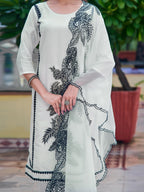 Embroidered Kurta With Pant & Embroidered Cut Work Organza Dupatta, White - Hiral Fashion | Grocsy