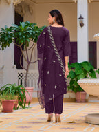 Hand Embroidered Kurta With Pant & Embroidered Cut Work Organza Dupatta, Wine - Hiral Fashion | Grocsy