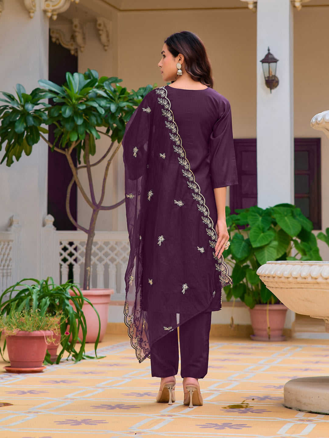Hand Embroidered Kurta With Pant & Embroidered Cut Work Organza Dupatta, Wine - Hiral Fashion | Grocsy