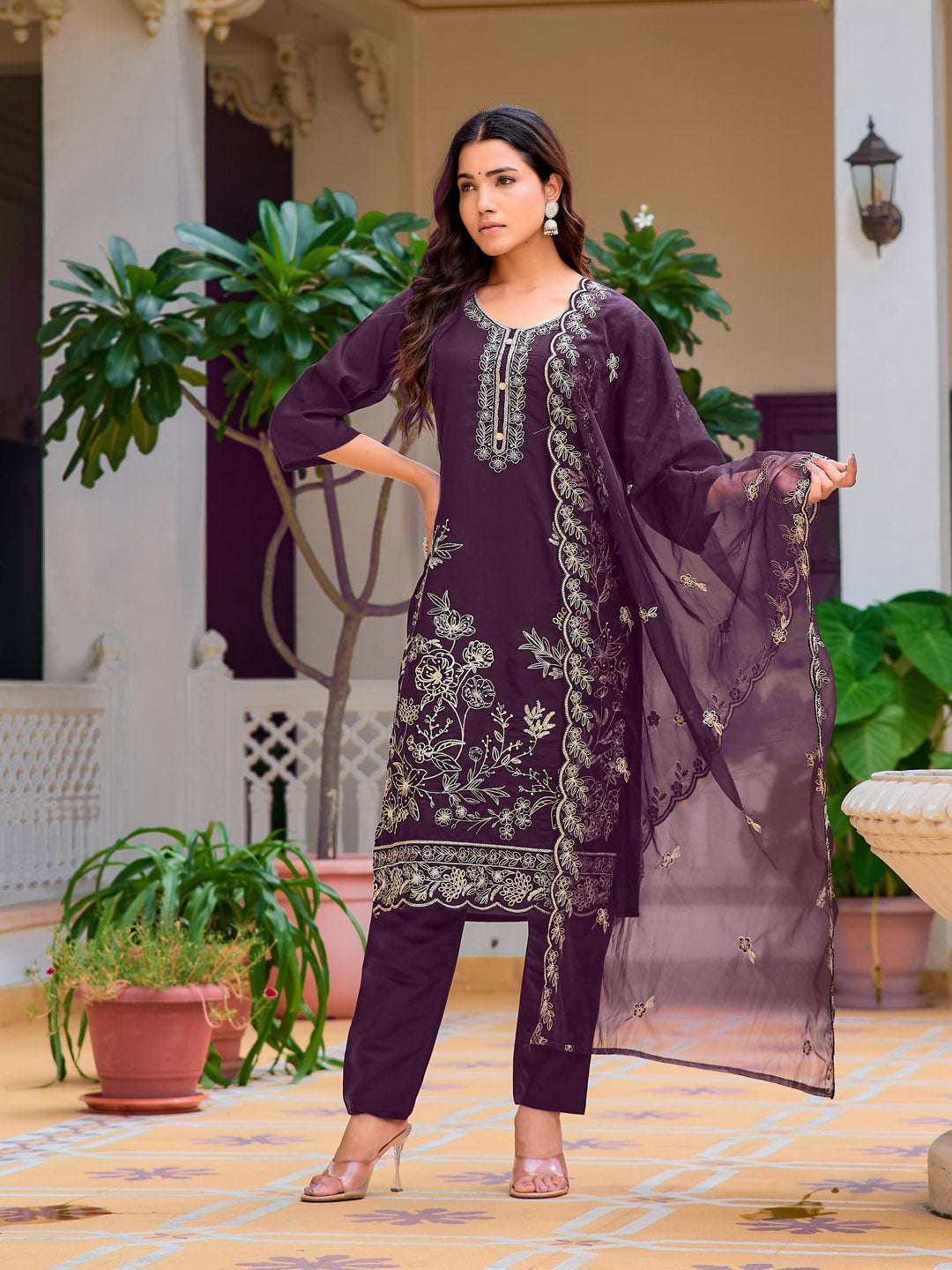 Hand Embroidered Kurta With Pant & Embroidered Cut Work Organza Dupatta, Wine - Hiral Fashion | Grocsy
