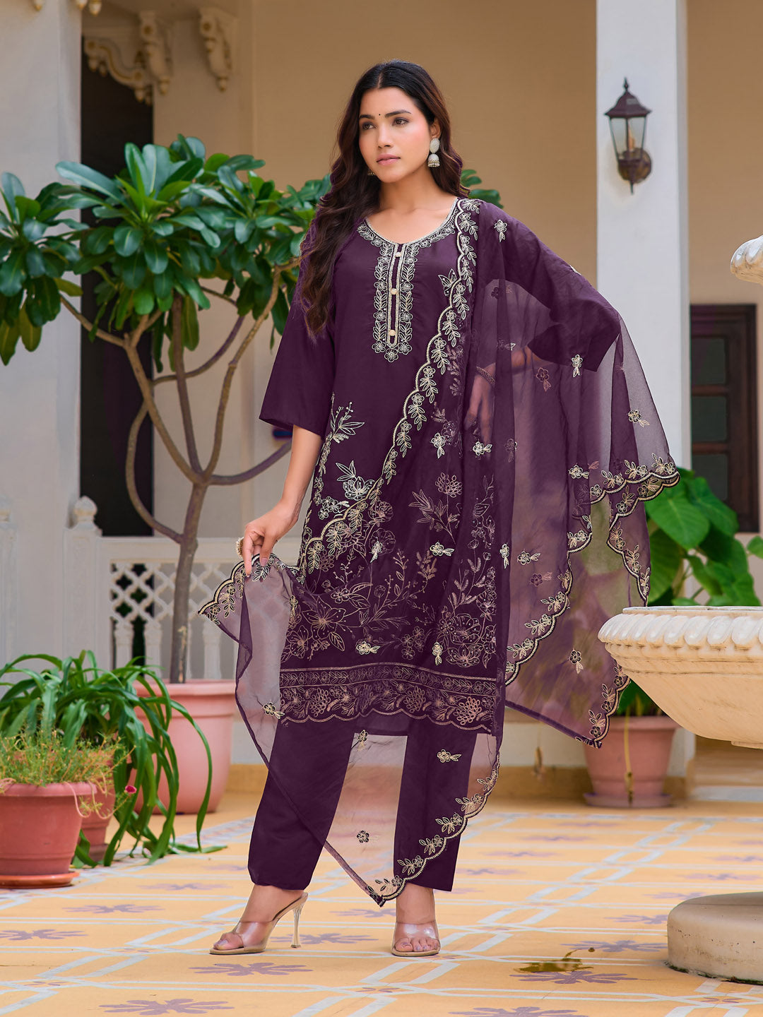 Hand Embroidered Kurta With Pant & Embroidered Cut Work Organza Dupatta, Wine - Hiral Fashion | Grocsy