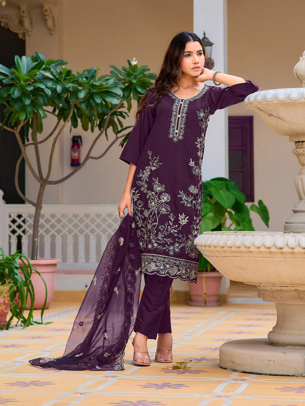 Hand Embroidered Kurta With Pant & Embroidered Cut Work Organza Dupatta, Wine - Hiral Fashion | Grocsy