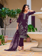 Hand Embroidered Kurta With Pant & Embroidered Cut Work Organza Dupatta, Wine - Hiral Fashion | Grocsy