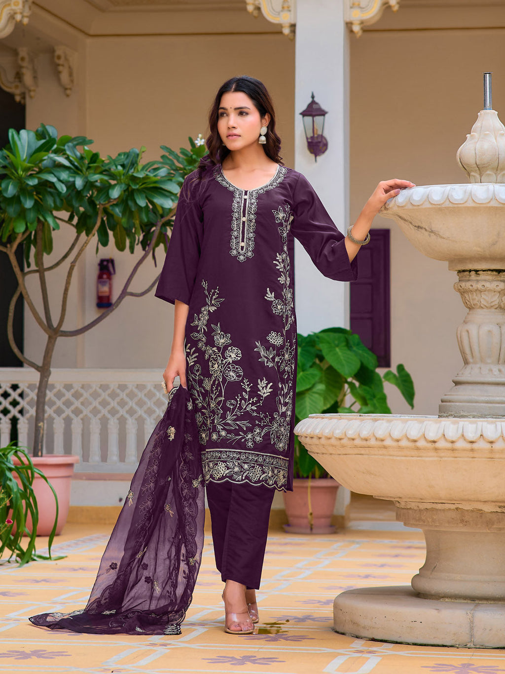 Hand Embroidered Kurta With Pant & Embroidered Cut Work Organza Dupatta, Wine - Hiral Fashion | Grocsy
