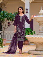 Hand Embroidered Kurta With Pant & Embroidered Cut Work Organza Dupatta, Wine - Hiral Fashion | Grocsy