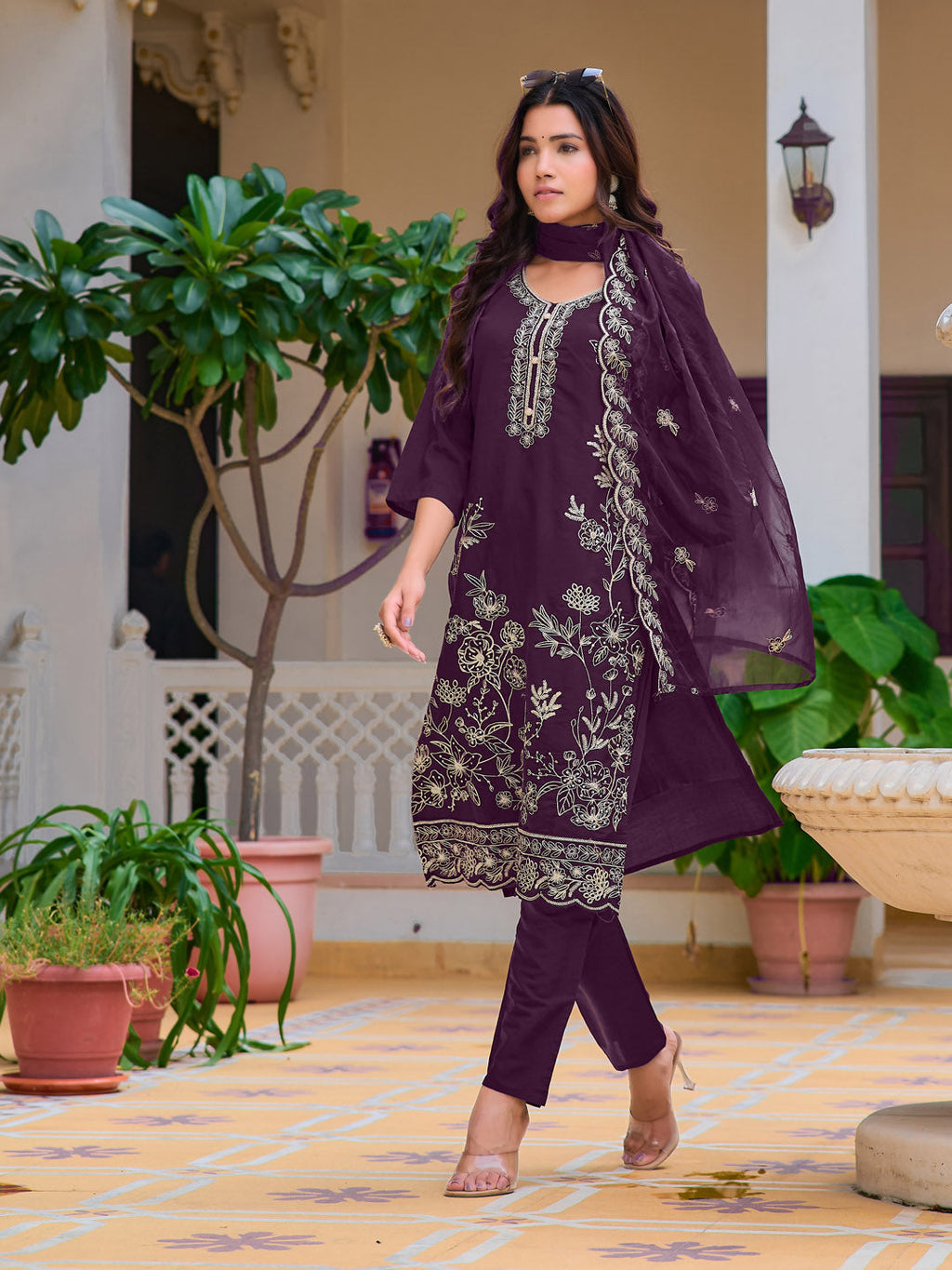 Hand Embroidered Kurta With Pant & Embroidered Cut Work Organza Dupatta, Wine - Hiral Fashion | Grocsy