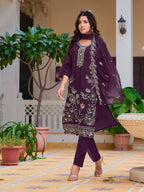 Hand Embroidered Kurta With Pant & Embroidered Cut Work Organza Dupatta, Wine - Hiral Fashion | Grocsy