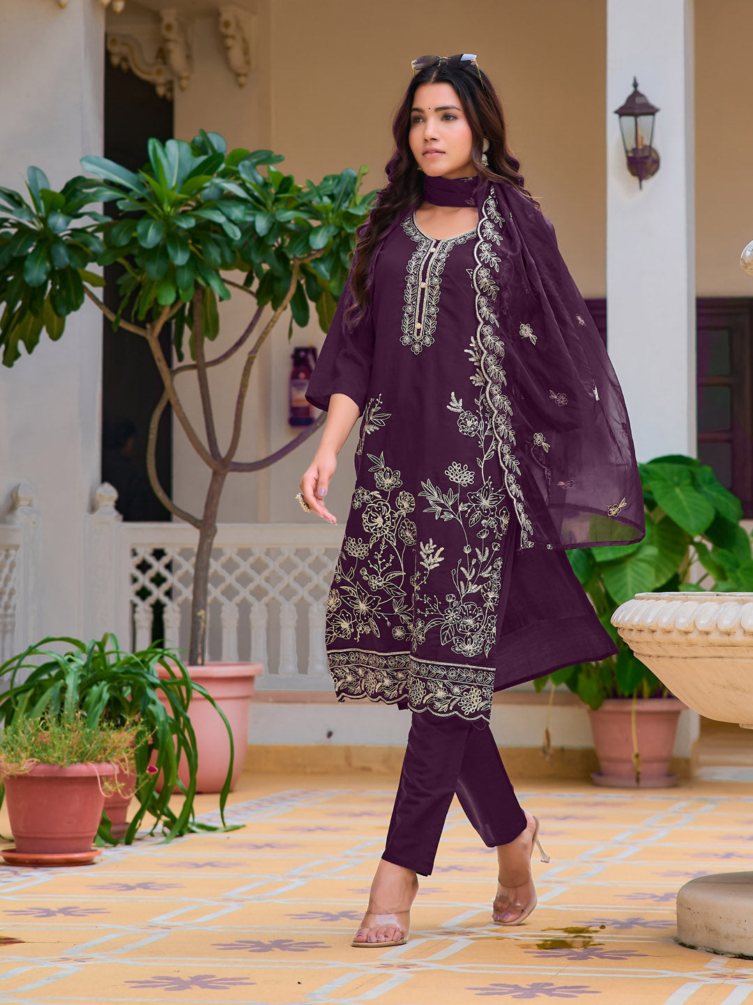 Hand Embroidered Kurta With Pant & Embroidered Cut Work Organza Dupatta, Wine - Hiral Fashion | Grocsy