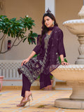 Hand Embroidered Kurta With Pant & Embroidered Cut Work Organza Dupatta, Wine - Hiral Fashion | Grocsy