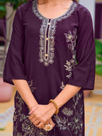 Hand Embroidered Kurta With Pant & Embroidered Cut Work Organza Dupatta, Wine - Hiral Fashion | Grocsy