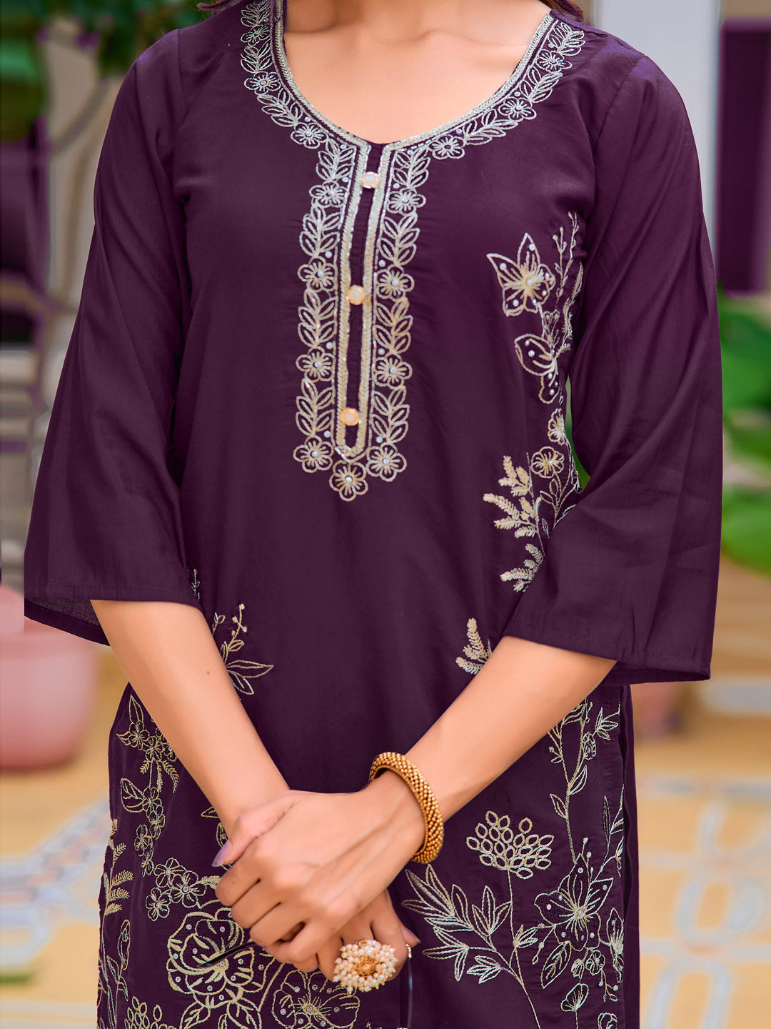Hand Embroidered Kurta With Pant & Embroidered Cut Work Organza Dupatta, Wine - Hiral Fashion | Grocsy