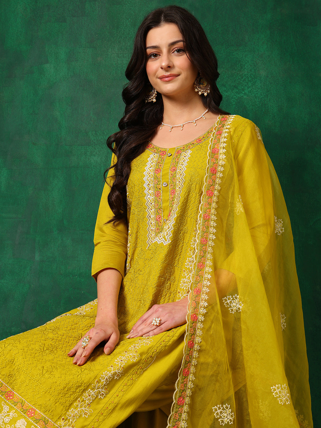 Embroidered Kurta With Pant & Embroidered Dupatta, Yellow - Hiral Fashion | Grocsy