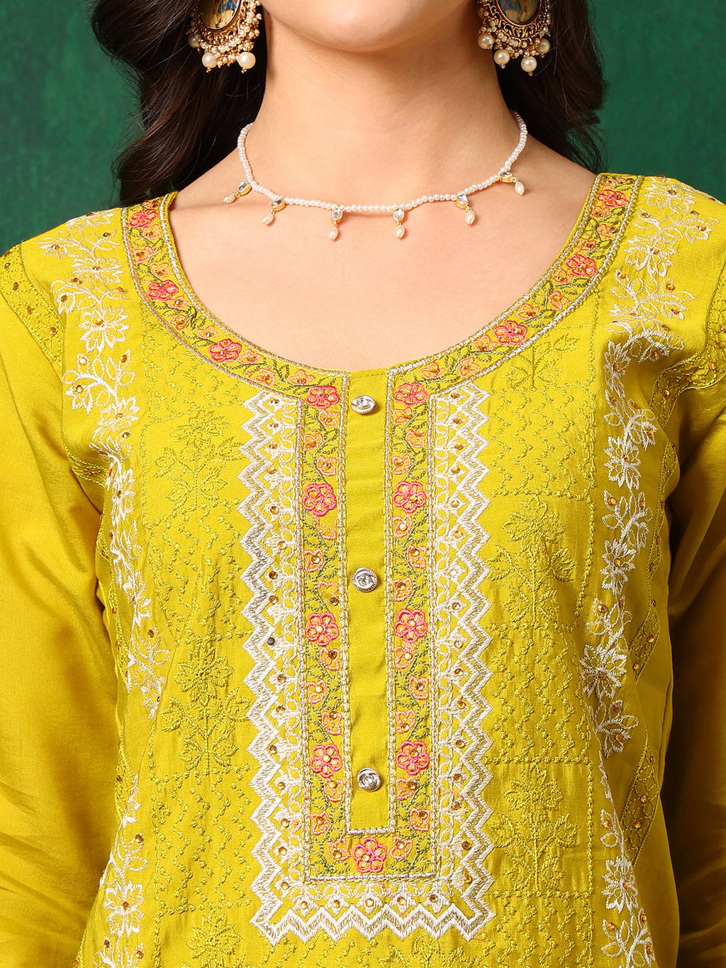 Embroidered Kurta With Pant & Embroidered Dupatta, Yellow - Hiral Fashion | Grocsy