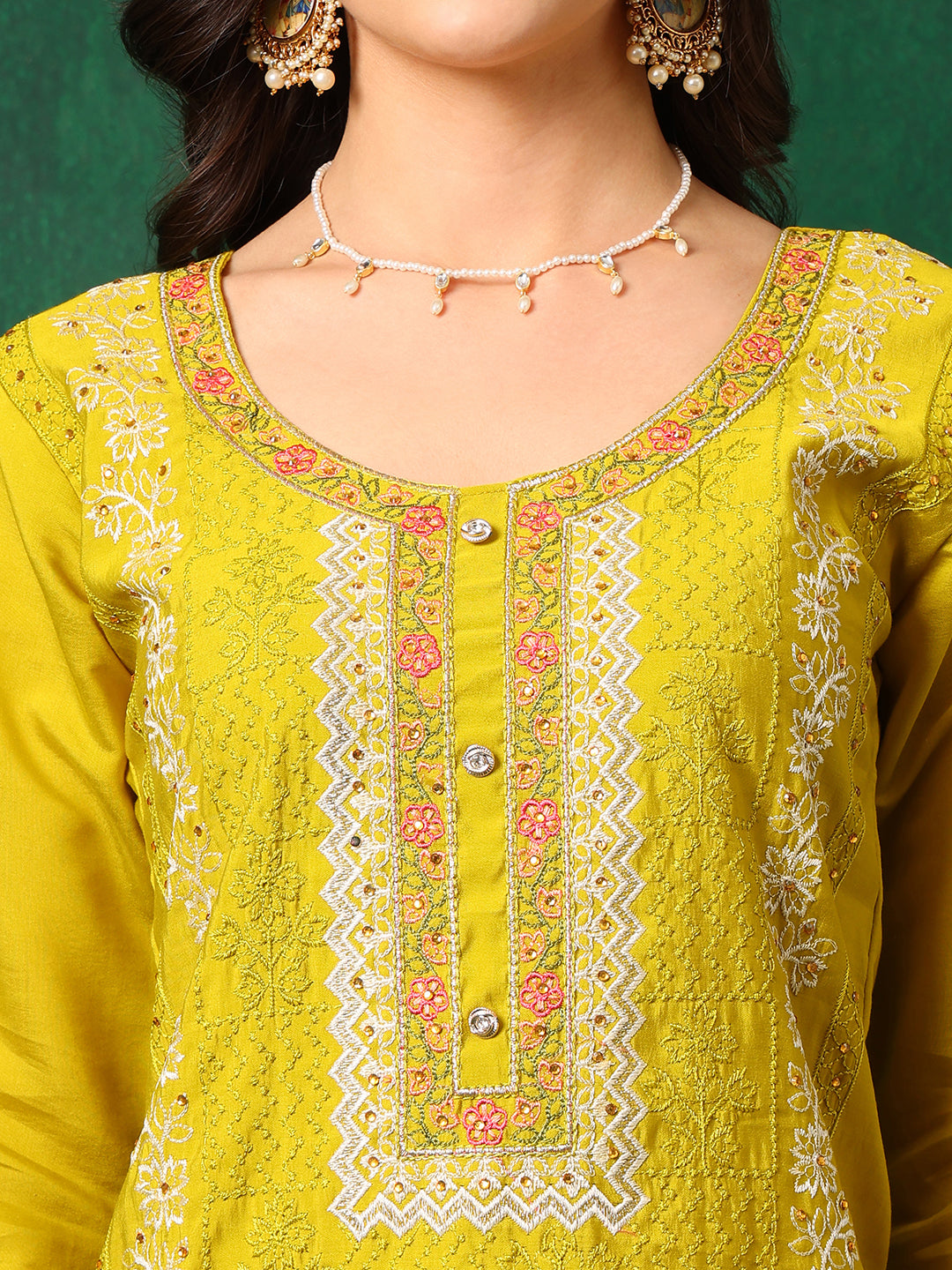 Embroidered Kurta With Pant & Embroidered Dupatta, Yellow - Hiral Fashion | Grocsy