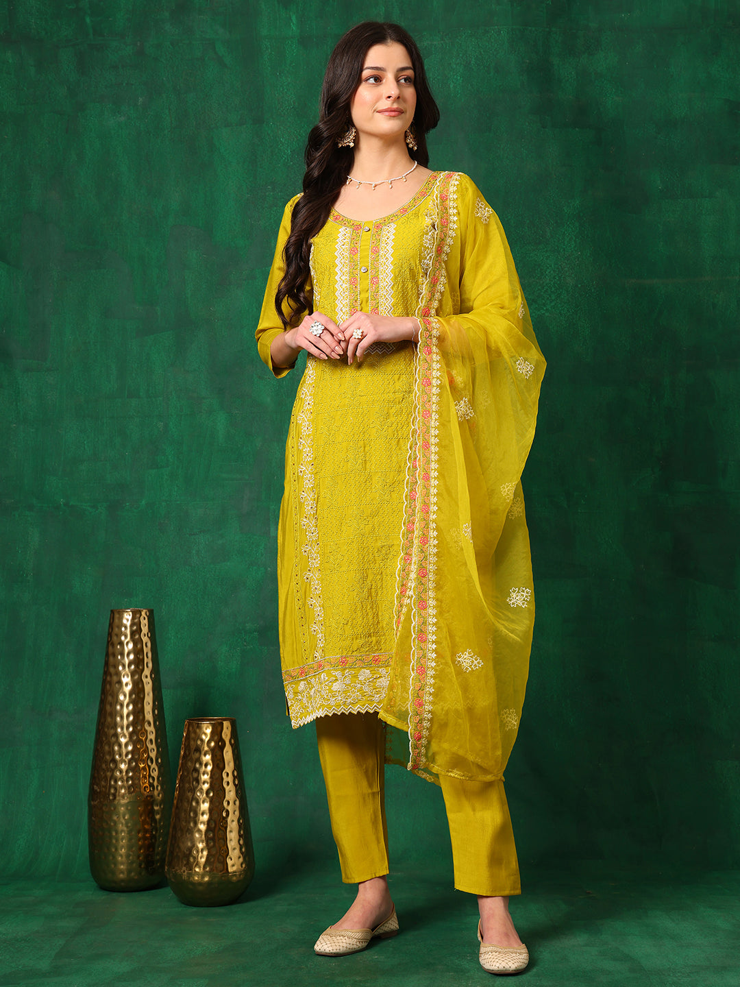 Embroidered Kurta With Pant & Embroidered Dupatta, Yellow - Hiral Fashion | Grocsy