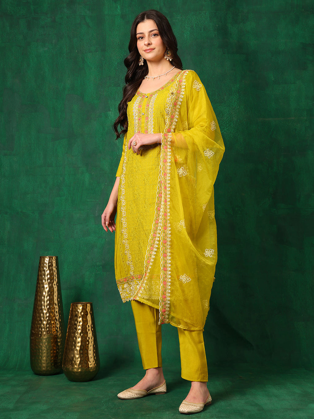 Embroidered Kurta With Pant & Embroidered Dupatta, Yellow - Hiral Fashion | Grocsy