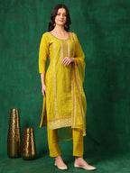 Embroidered Kurta With Pant & Embroidered Dupatta, Yellow - Hiral Fashion | Grocsy