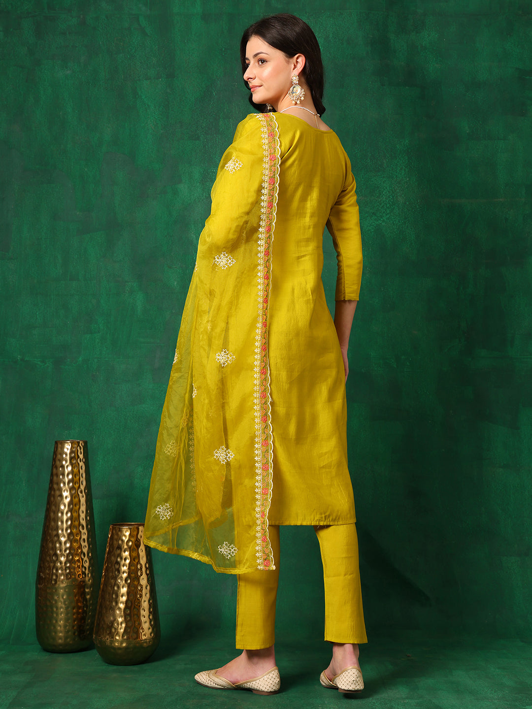 Embroidered Kurta With Pant & Embroidered Dupatta, Yellow - Hiral Fashion | Grocsy