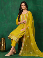 Embroidered Kurta With Pant & Embroidered Dupatta, Yellow - Hiral Fashion | Grocsy