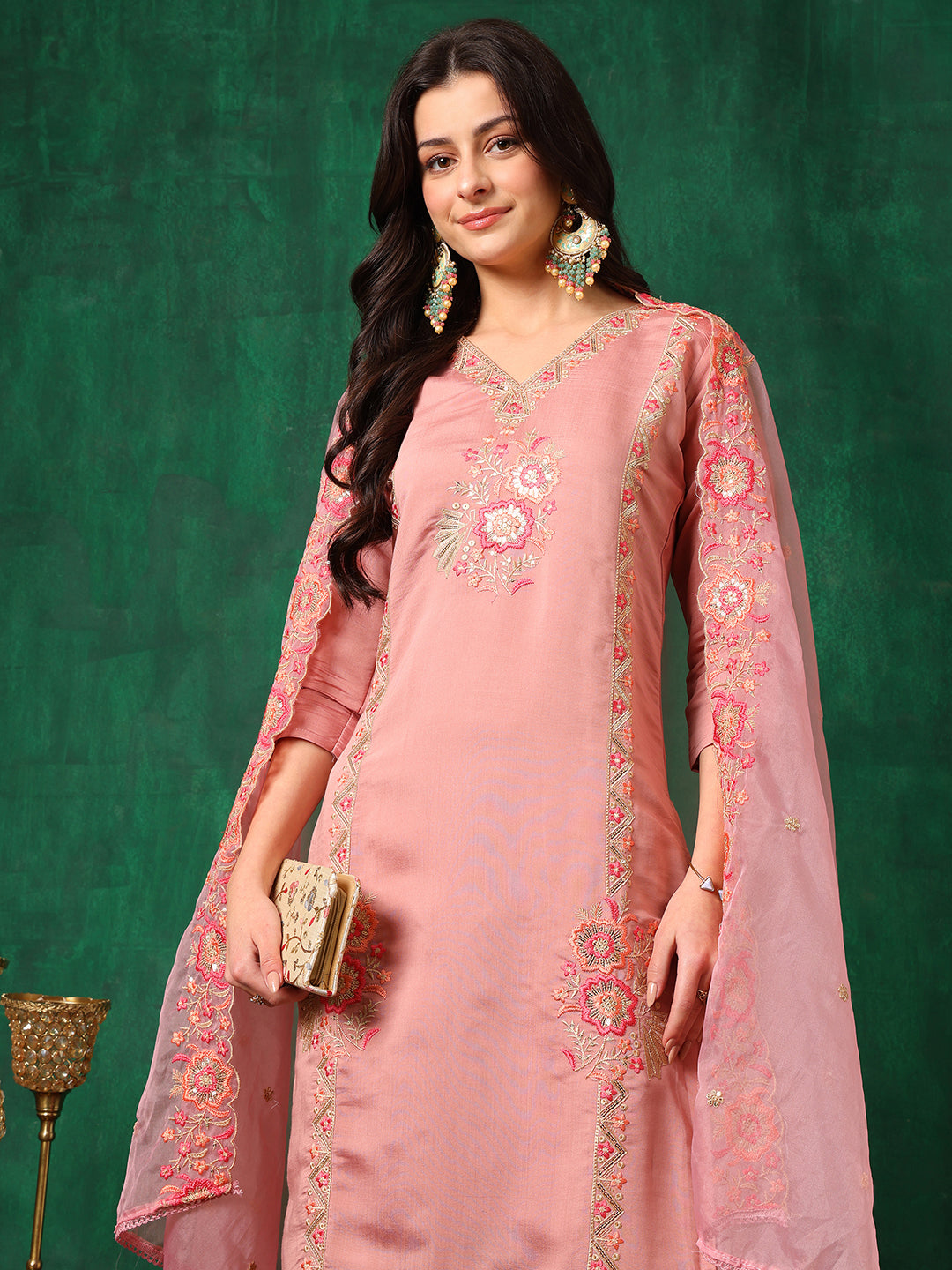 Embroidered Kurta With Pant & Embroidered Dupatta, Pink - Hiral Fashion | Grocsy