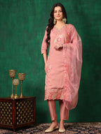 Embroidered Kurta With Pant & Embroidered Dupatta, Pink - Hiral Fashion | Grocsy