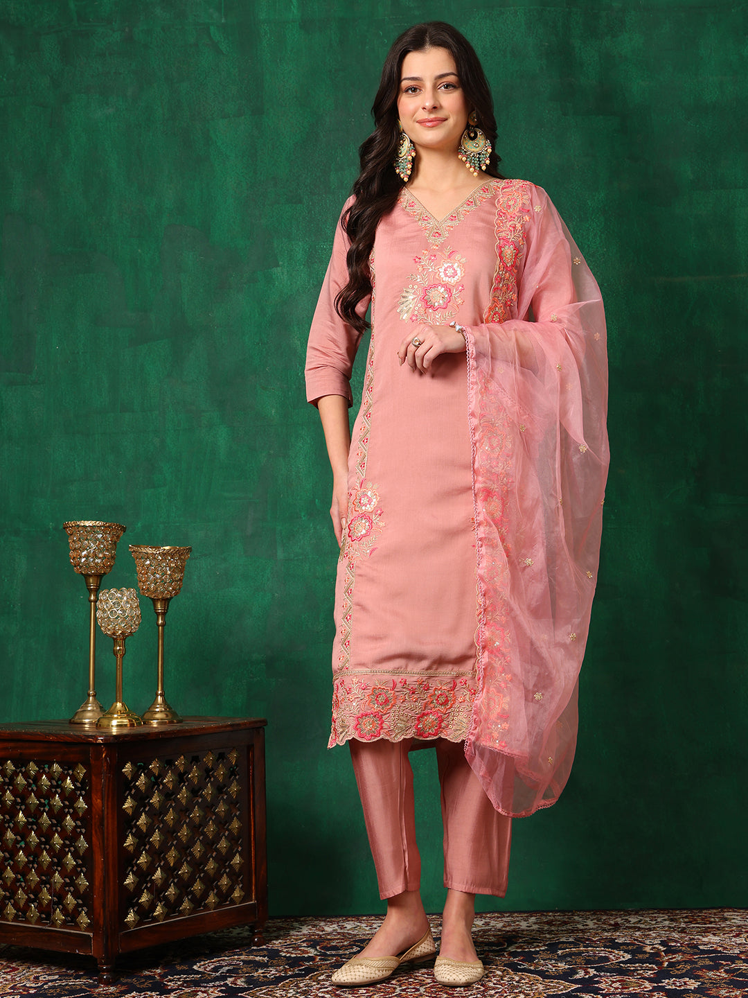 Embroidered Kurta With Pant & Embroidered Dupatta, Pink - Hiral Fashion | Grocsy