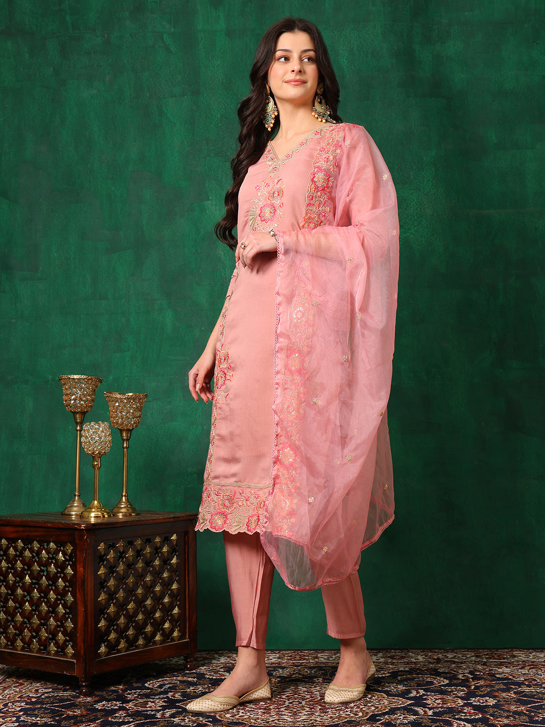 Embroidered Kurta With Pant & Embroidered Dupatta, Pink - Hiral Fashion | Grocsy